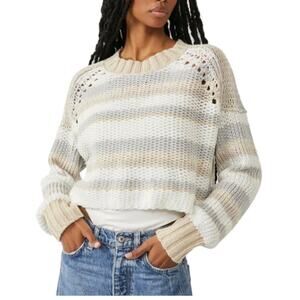 Free People Knit Sweater Medium Striped Devon Cropped Beige Gray White Pullover